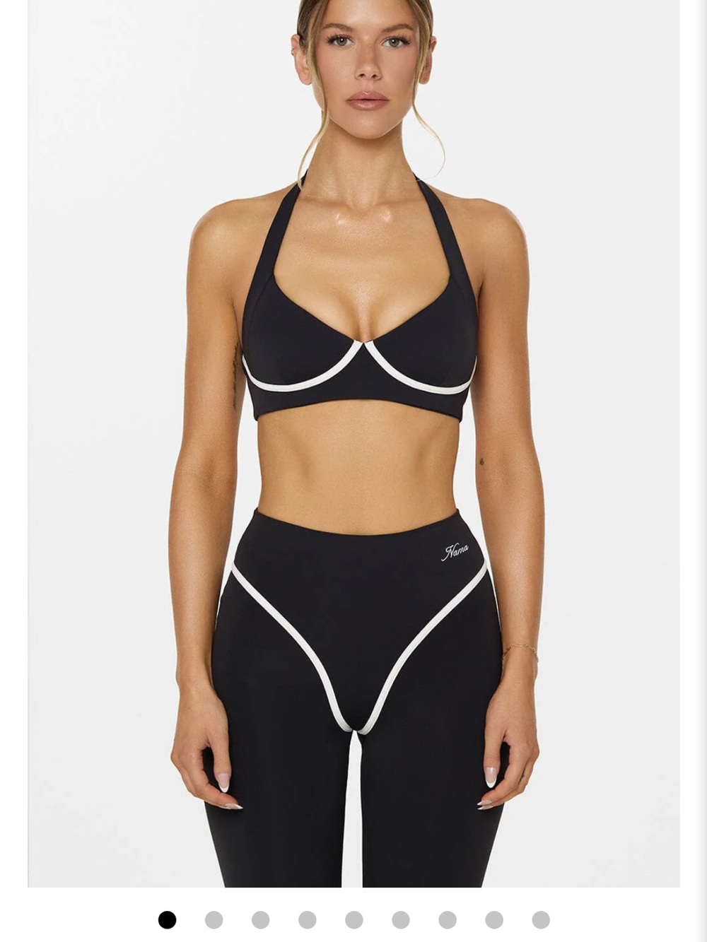 Black Halter Sports Bra with White Contrast Piping Body Butter™ Contour Leggings